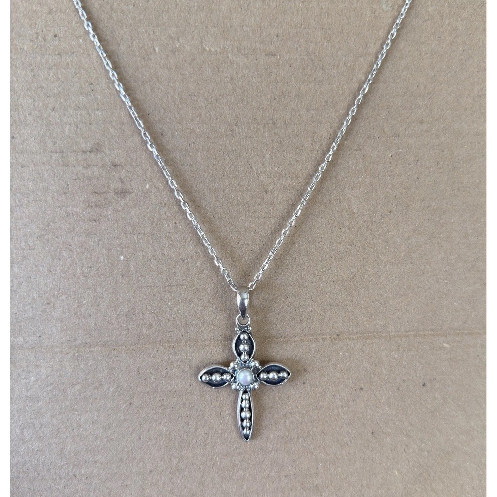 925 Sterling Silver Beaded Cross Pendant Necklace Pearl Center Cable Chain 25.5"